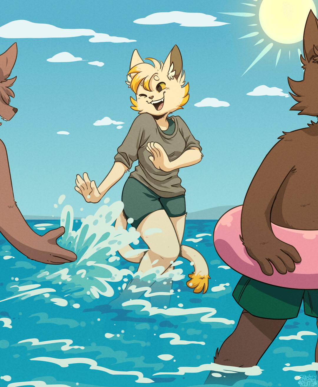 Senna and two other anthro characters are wading in the ocean on a sunny day. One of the other characters splashes water on Senna and she recoils while laughing.