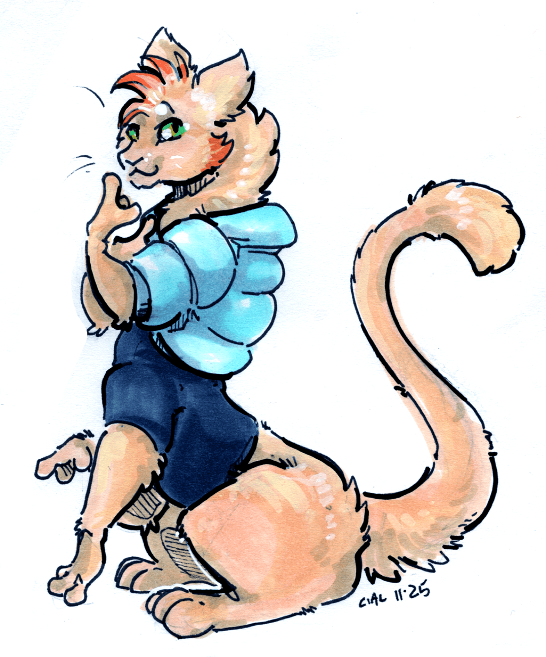 Senna as a nikitak, a long creature with six legs and a large tail. They are wearing a blue shirt that has four armholes and a cyan puffer jacket with two armholes. They appear to be thinking about something as they smile slightly.